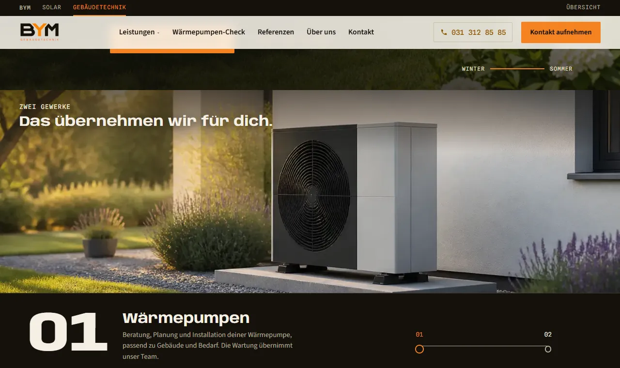 Fertiger Abschnitt der BYM-Website: «Das übernehmen wir für dich.» mit Wärmepumpe und dem Punkt 01 Wärmepumpen