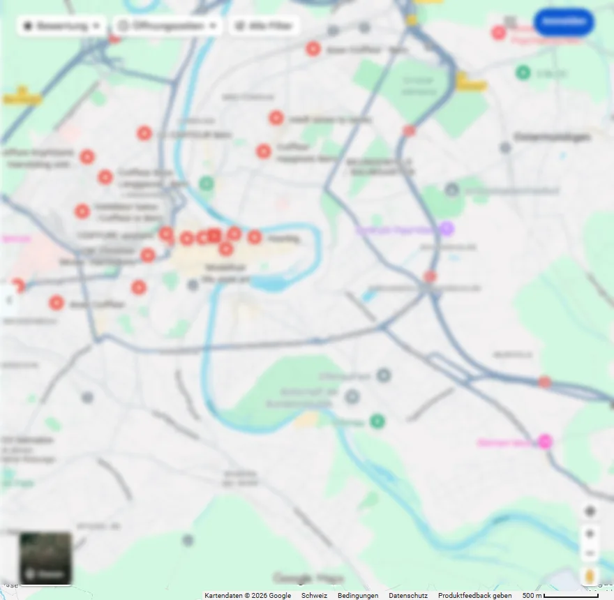 Echte Kartenansicht in Google Maps mit vielen Einträgen, Namen unkenntlich gemacht