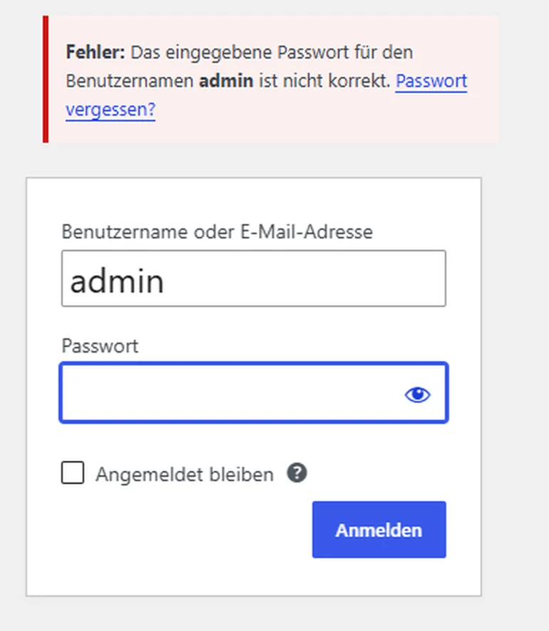 Echte Anmeldeseite einer Website-Verwaltung mit der Fehlermeldung, dass das Passwort nicht korrekt ist