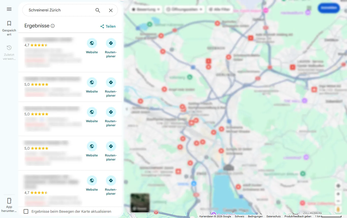 Echte Google-Maps-Suche nach «Schreinerei Zürich»: Trefferliste mit Bewertungen und Karte voller Einträge, Namen unkenntlich