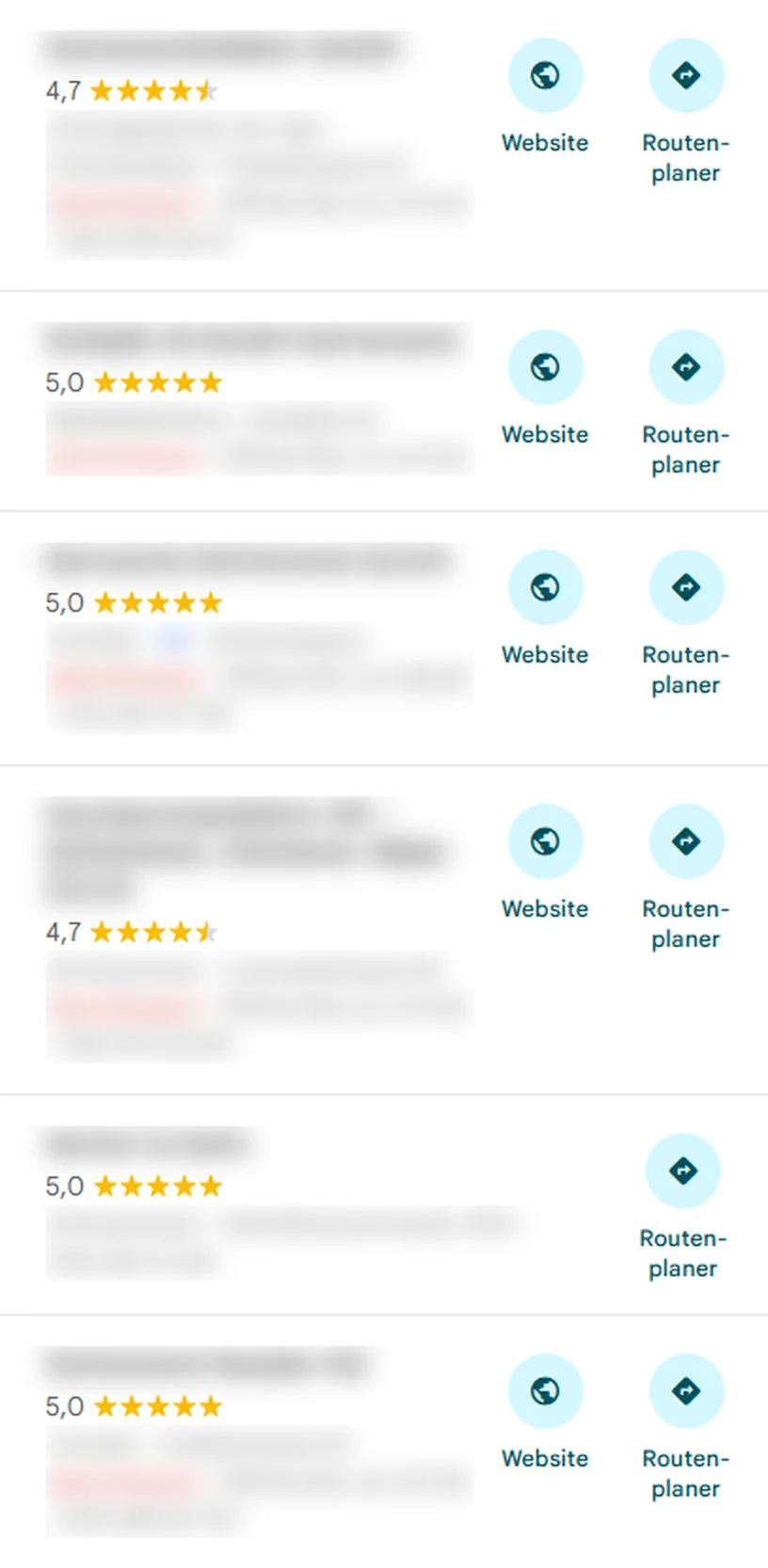 Echte Trefferliste in Google Maps: sechs Schreinereien mit Bewertungen, bei einer fehlt der Website-Knopf; Namen unkenntlich