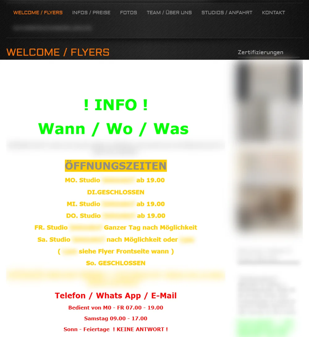 Ausschnitt einer älteren Website: Menü in Versalien, neongrüne Überschrift «! INFO ! Wann / Wo / Was», Öffnungszeiten in Gelb, Kontaktzeiten in Rot; Firmenname, Orte und Bilder unkenntlich