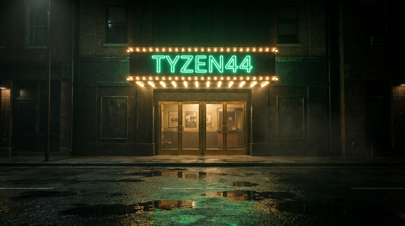 Kino bei Nacht mit giftgrüner Leuchtreklame „TYZEN44“ (KI-generiertes Bild)