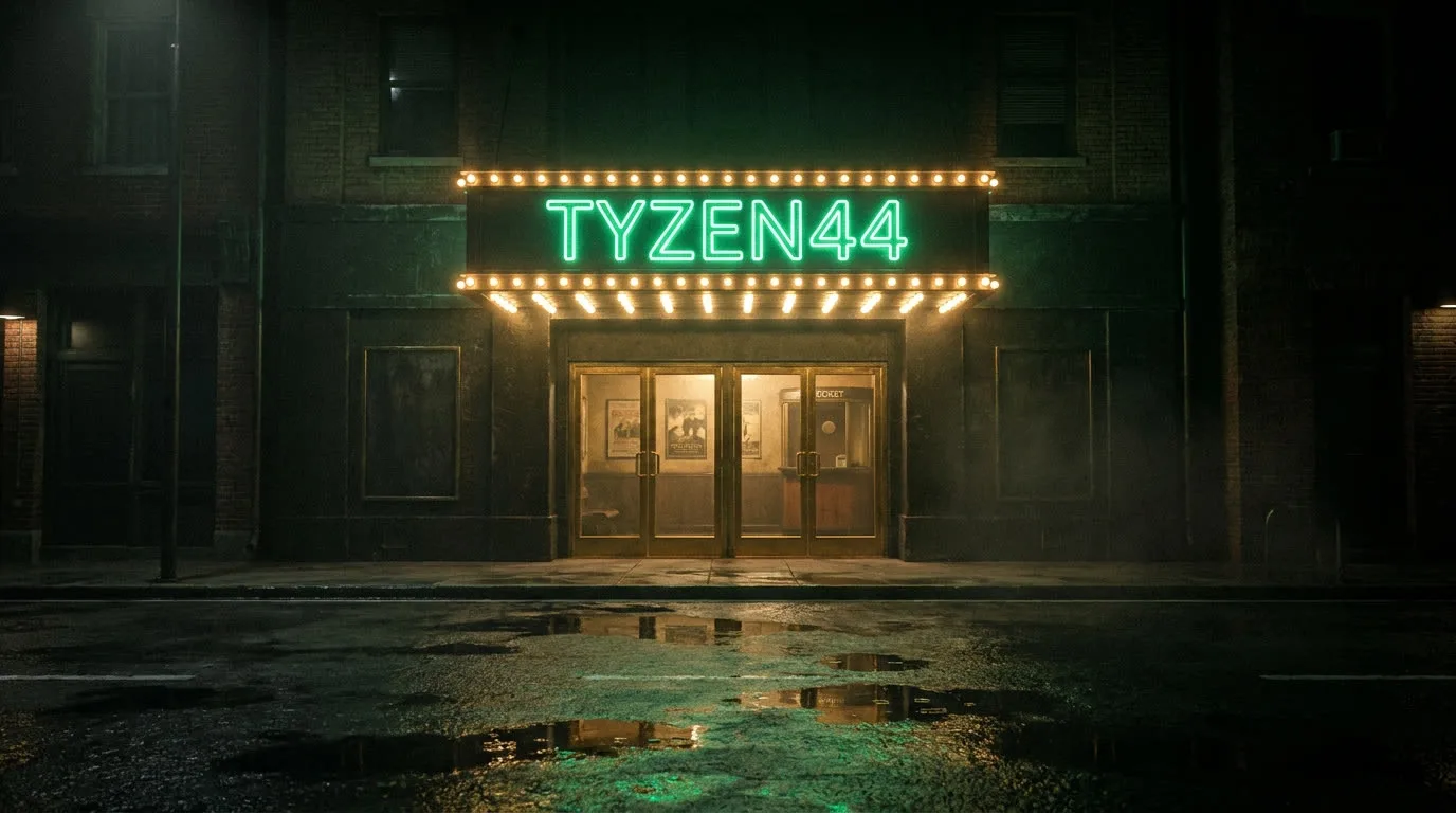 Kino bei Nacht mit giftgrüner Leuchtreklame „TYZEN44“ (KI-generiertes Bild)