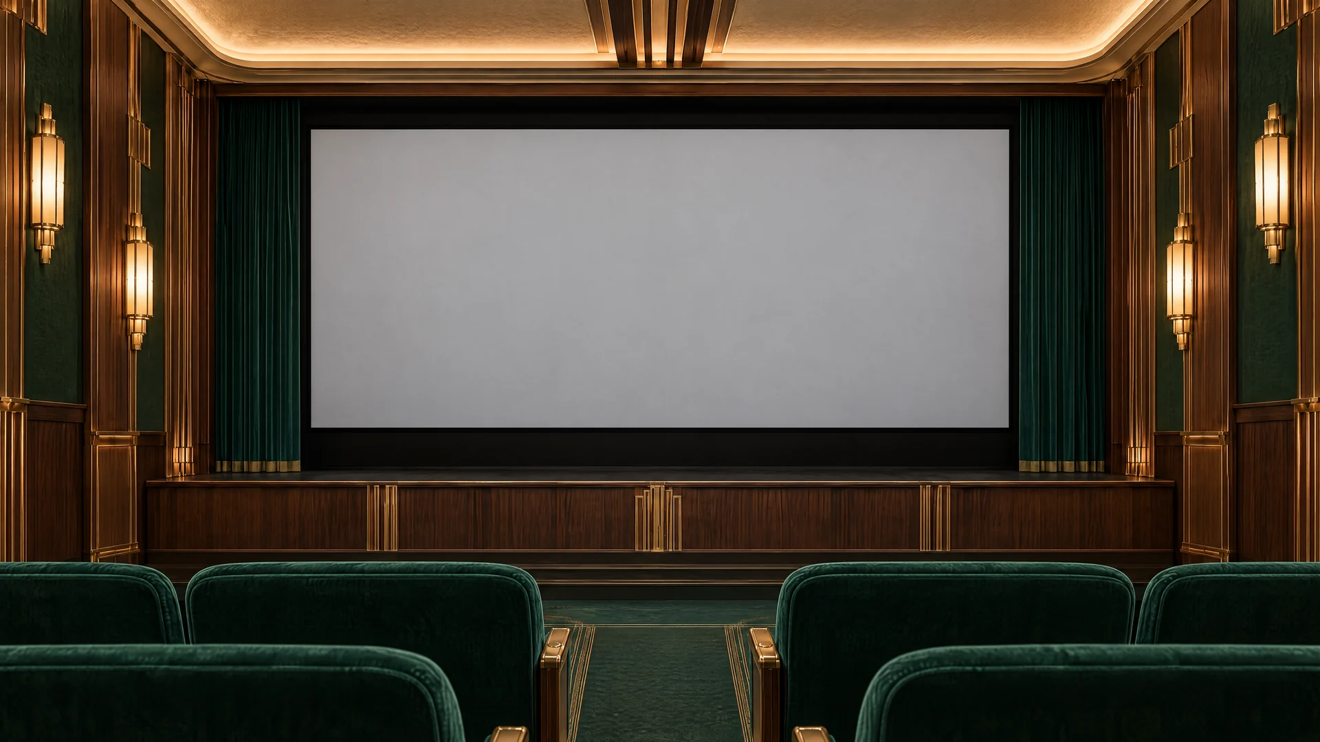Kinosaal mit grünen Samtsesseln und leerer Leinwand (KI-generiertes Bild)