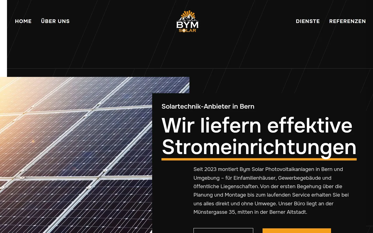 Bisherige Website von BYM Solar: Solarmodul-Foto neben einem Textblock «Wir liefern effektive Stromeinrichtungen»