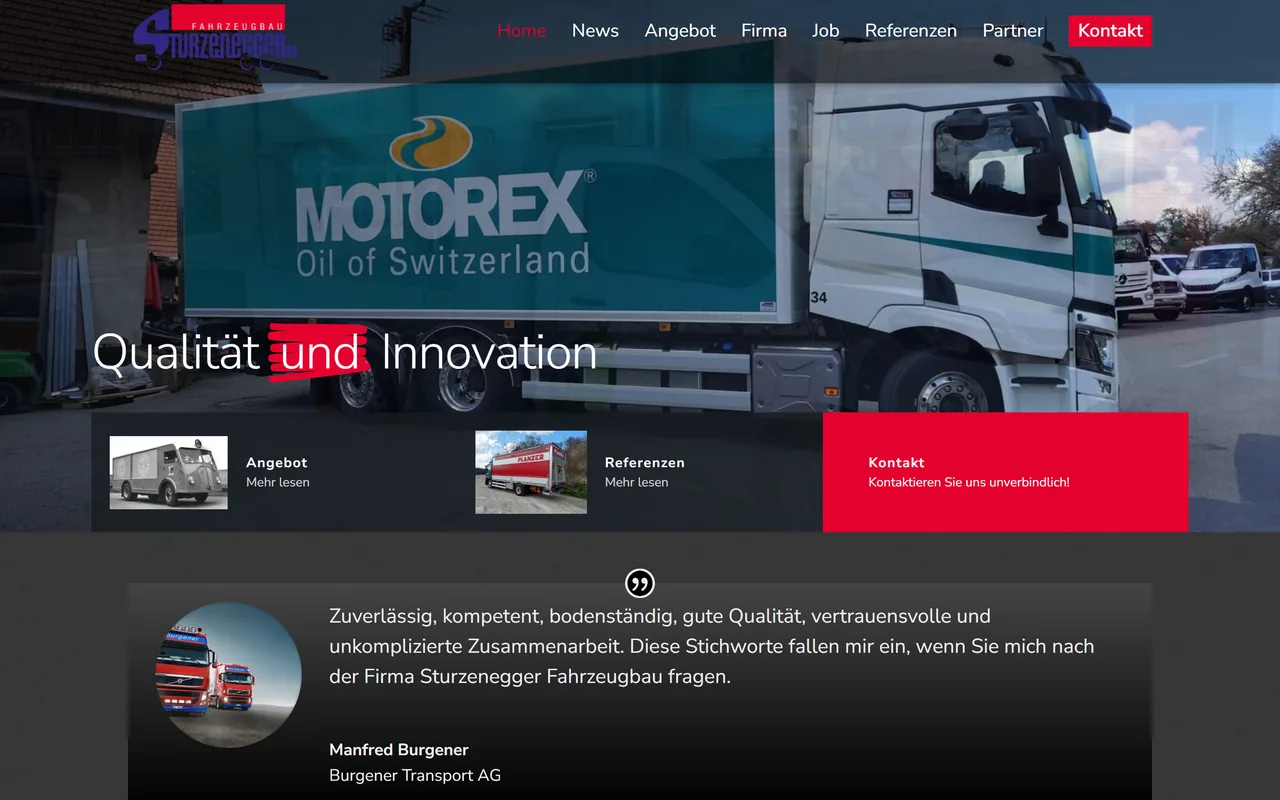 Vorher: Startseite der bisherigen Website von Sturzenegger Fahrzeugbau mit rot-weissem Standard-Layout