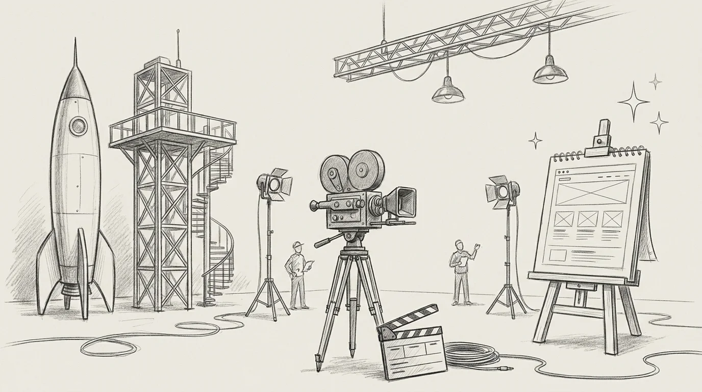 Bleistift-Filmset: Rakete auf der Startrampe, Filmkamera auf dem Stativ, Regieklappe und eine Website-Wireframe-Staffelei