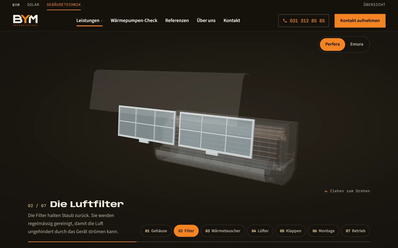 Klimaseite von BYM Gebäudetechnik: ein Klimagerät in 3D, in seine Einzelteile zerlegt