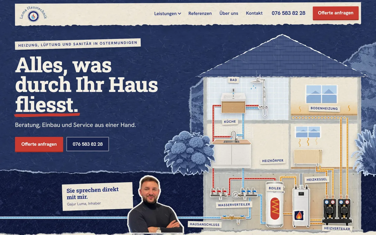 Relaunch-Vorschau für Luma Haustechnik: Titel «Alles, was durch Ihr Haus fliesst.» neben einem Hausschnitt aus Papier