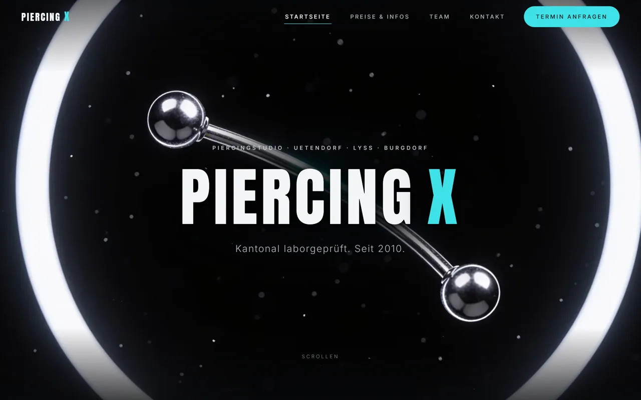 Desktop-Ansicht der Konzeptstudie für ein Piercing-Studio