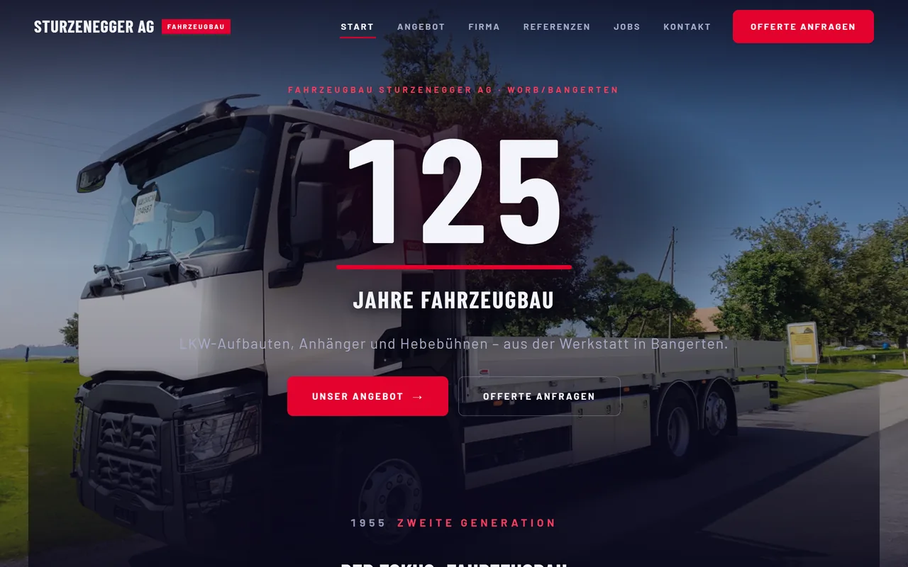 Nachher: Startseite der neuen Website für Sturzenegger Fahrzeugbau – dunkles, modernes Design mit grossflächigem Titelbild