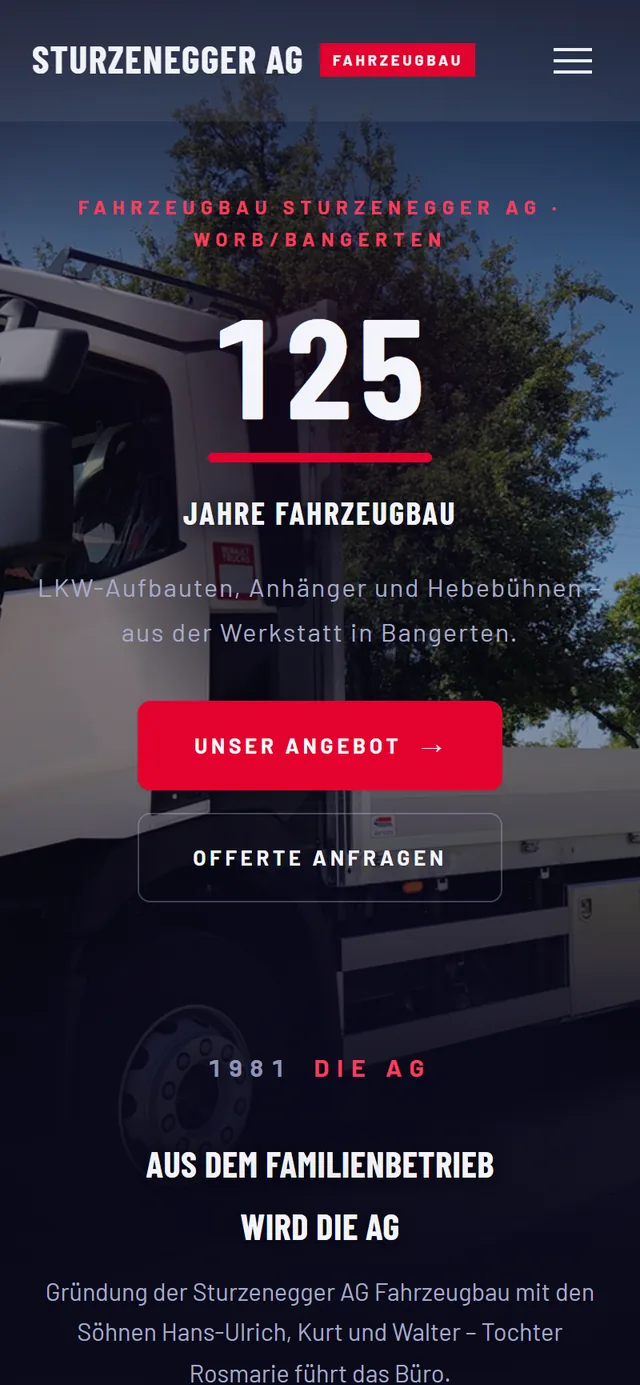 Nachher: Handy-Ansicht der neuen Website für Sturzenegger Fahrzeugbau